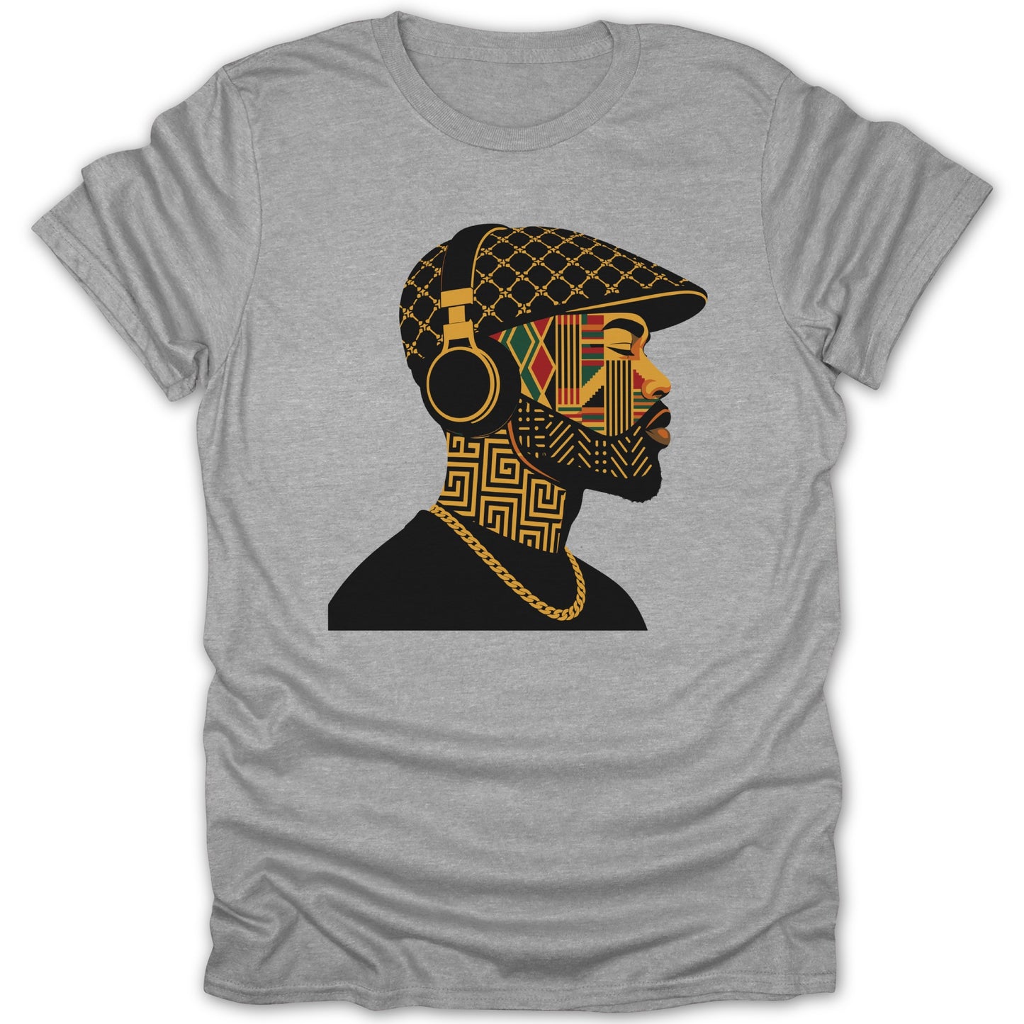 Graphic of a man's profile with African-inspired patterns and headphones.