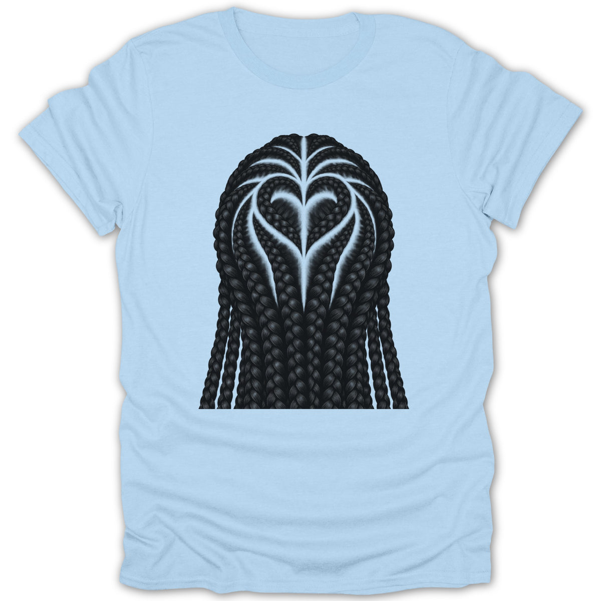Light blue t-shirt with black braids styled into a heart shape.