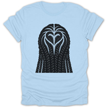 Light blue t-shirt with black braids styled into a heart shape.