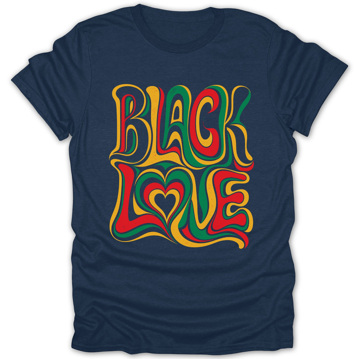 Navy t-shirt with wavy text "BLACK LOVE" in red, yellow, and green.