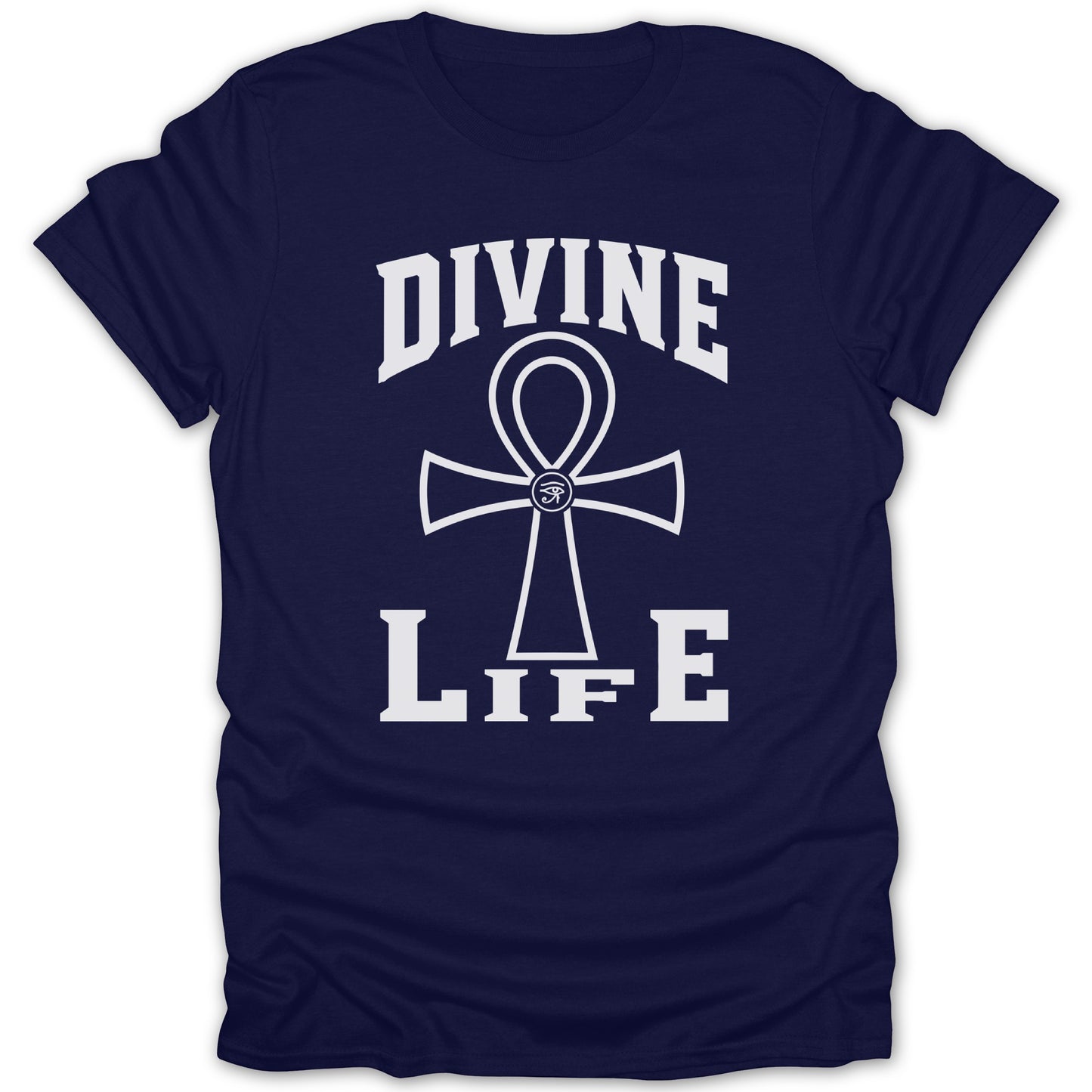 Navy t-shirt with white text "DIVINE LIFE" and an ankh symbol.