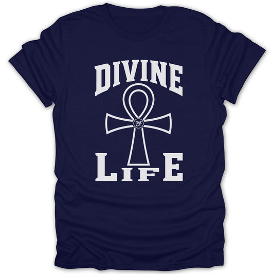 Navy t-shirt with white text "DIVINE LIFE" and an ankh symbol.