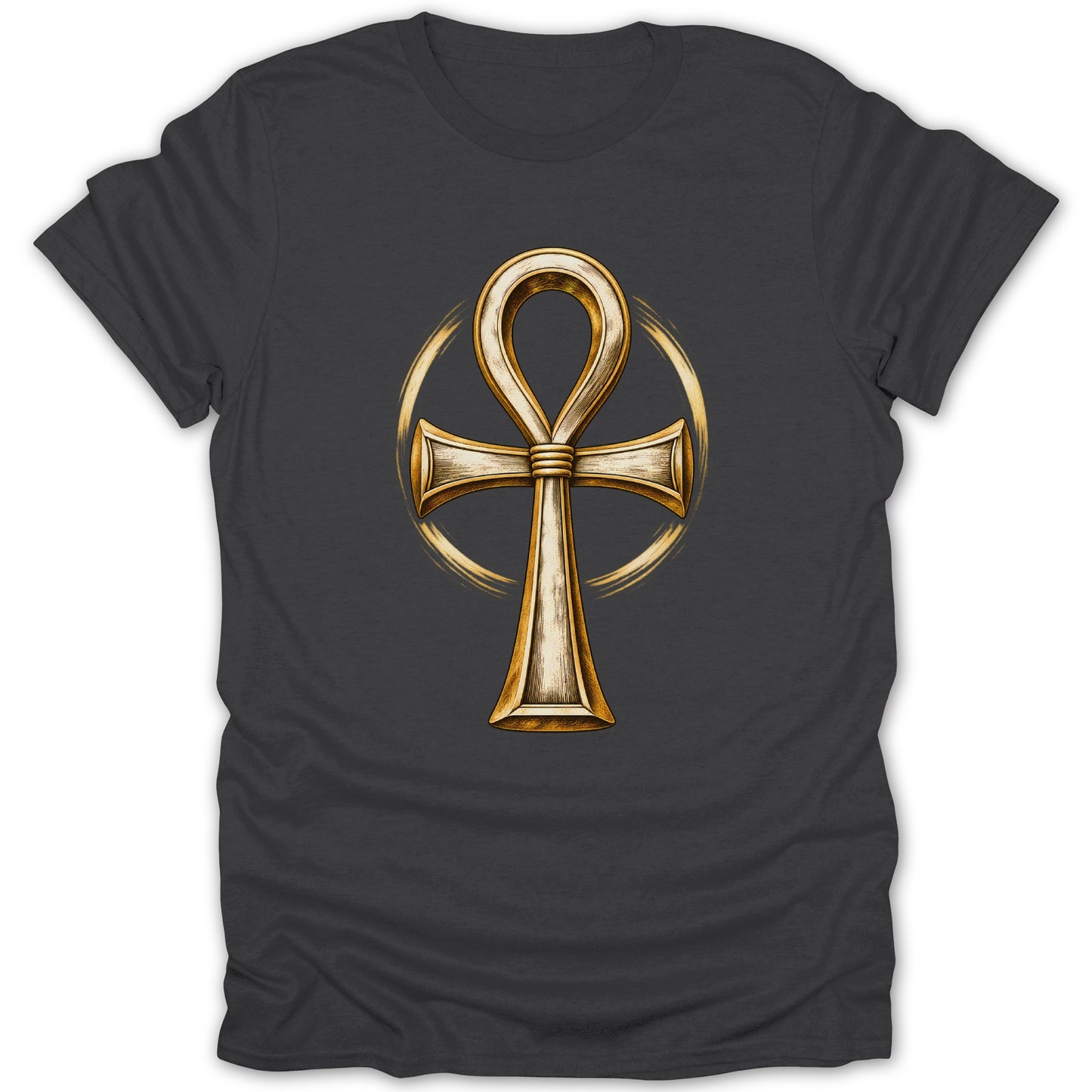 T-shirt with a detailed gold ankh symbol surrounded by a golden halo.