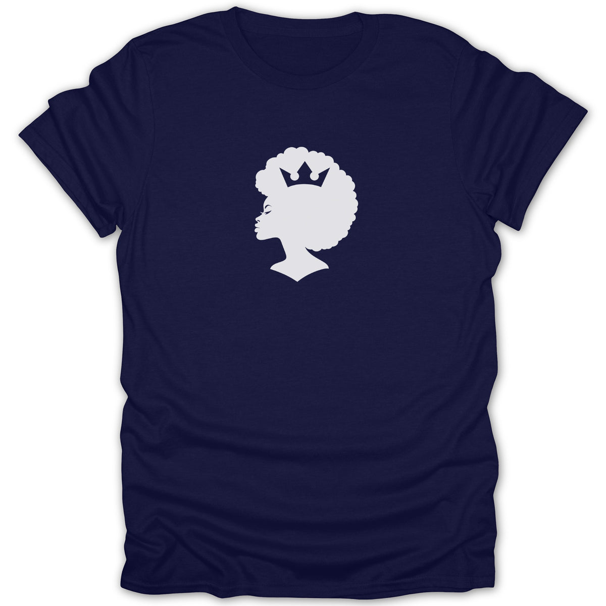 Dark blue short-sleeve t-shirt featuring a white graphic of a woman with an afro and crown.