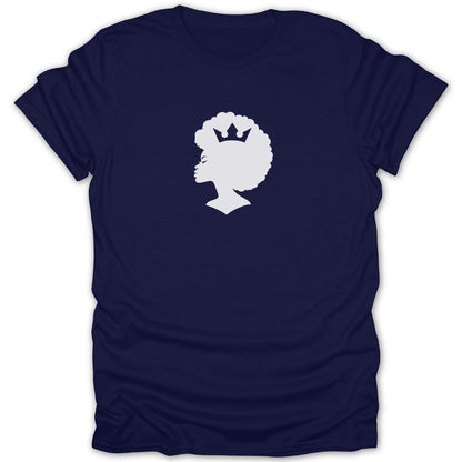 Dark blue short-sleeve t-shirt featuring a white graphic of a woman with an afro and crown.