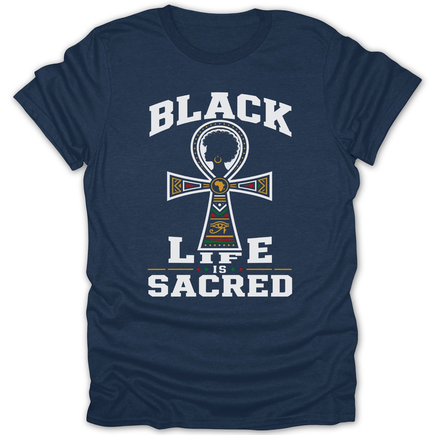 Dark blue t-shirt with "BLACK LIFE IS SACRED" and an ankh graphic.