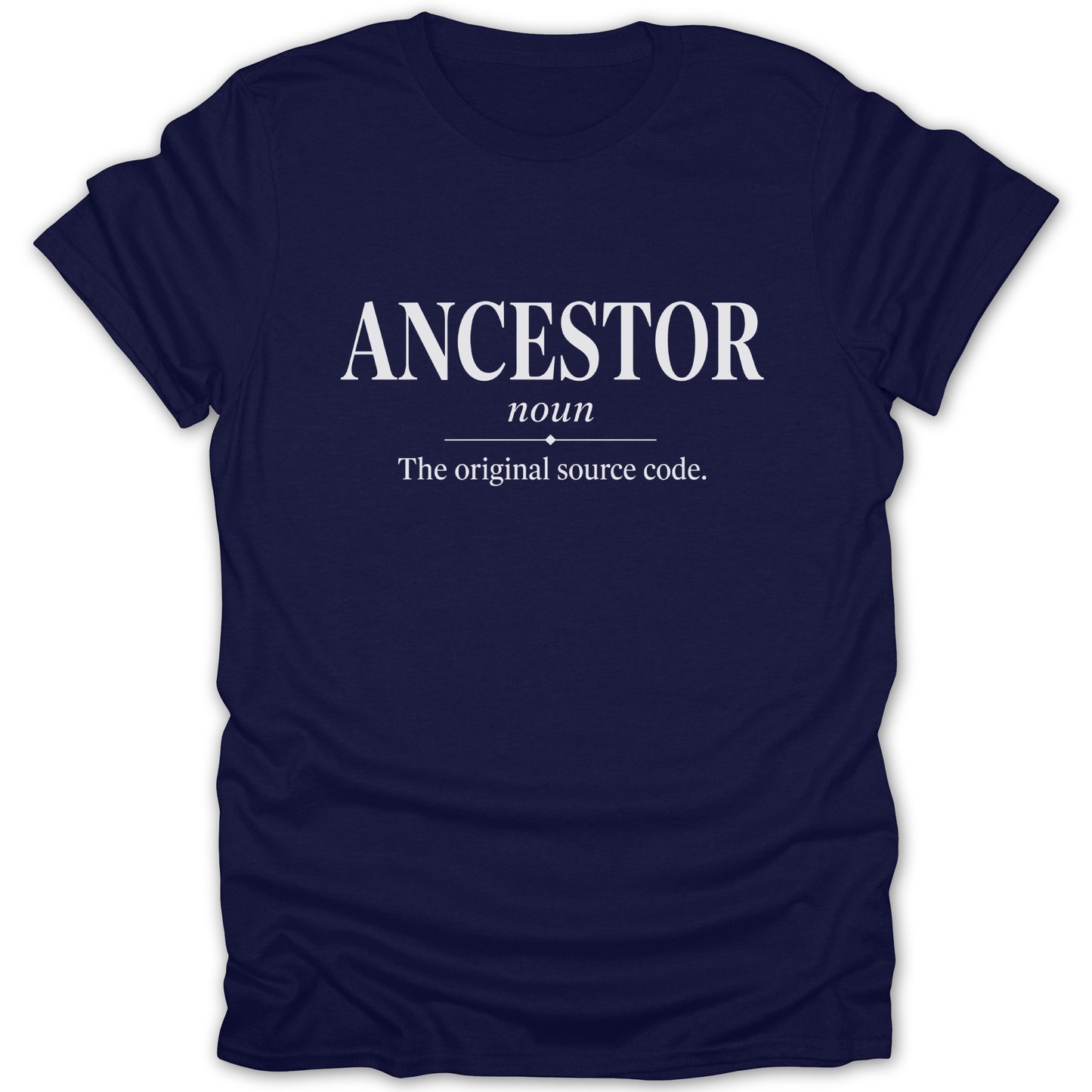 Navy t-shirt with "ANCESTOR" and "The original source code." text.