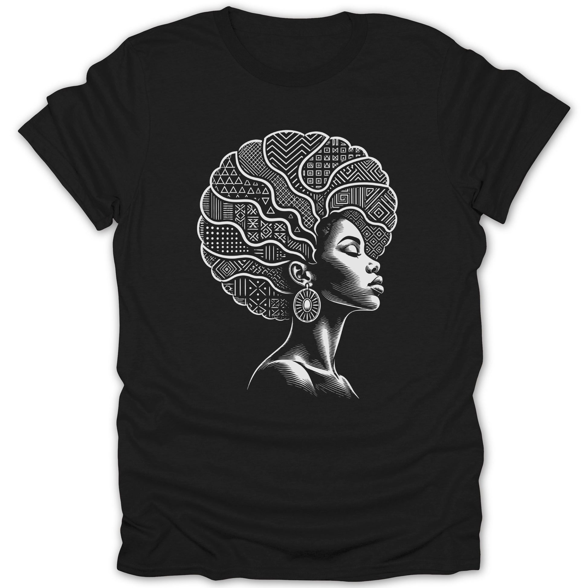 Black t-shirt with a white line art of a woman's head with intricate patterns in her afro.