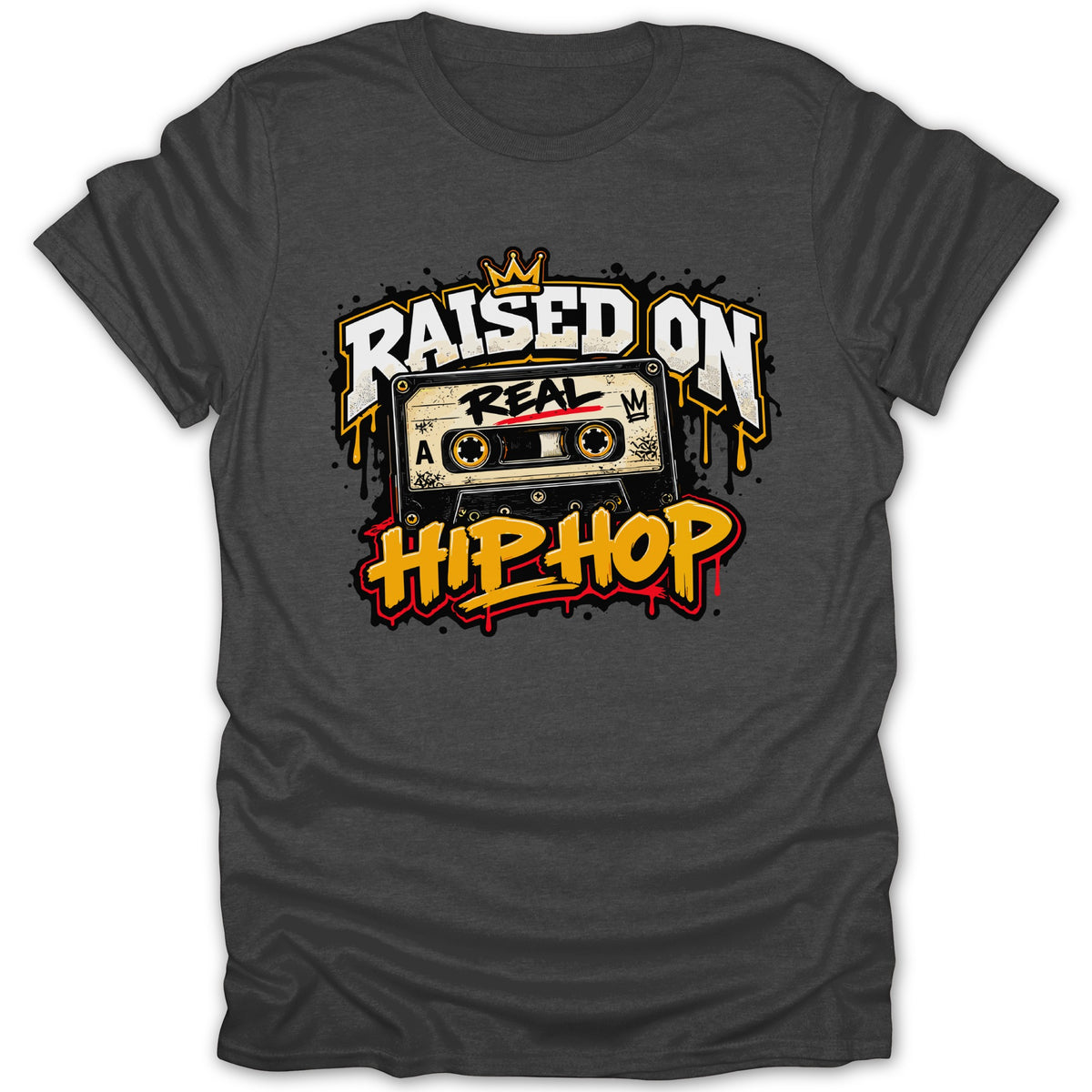 T-shirt with "Raised on Real Hip Hop" graphic featuring a cassette tape.