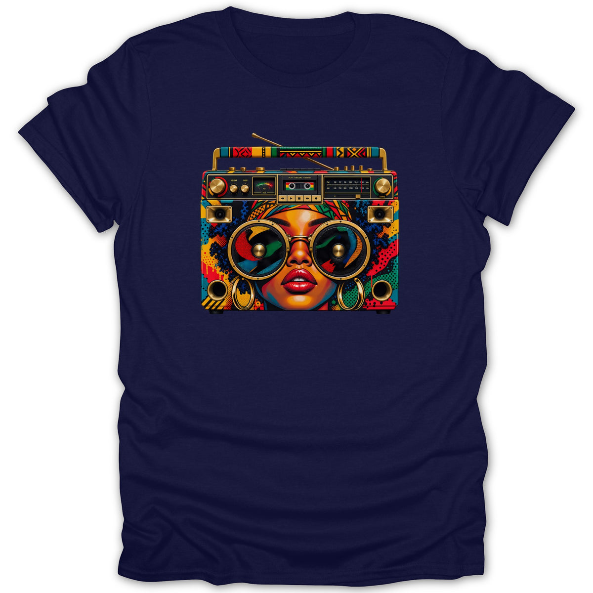Colorful boombox with woman's face and oversized sunglasses on a navy t-shirt.
