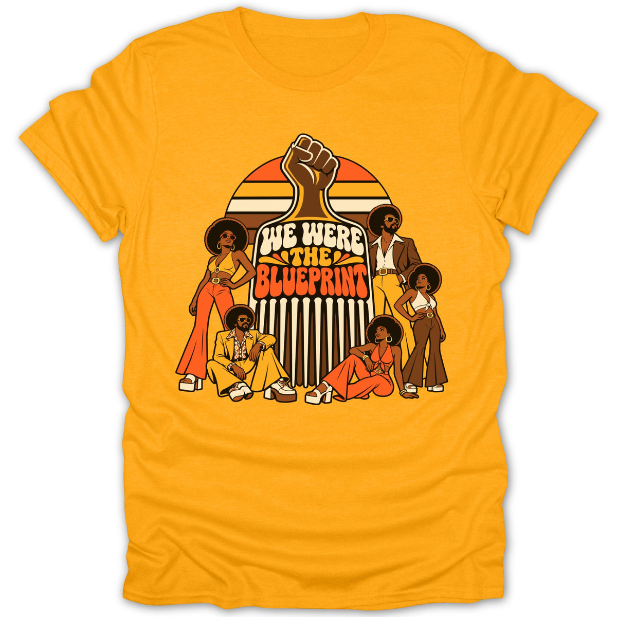 Black fist symbol above "WE WERE THE BLUEPRINT" text with retro figures.