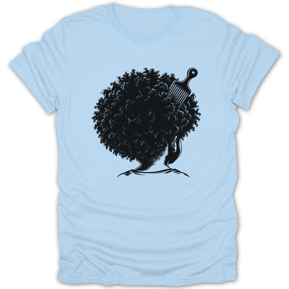Black graphic of a person with afro hair and a comb on a light blue t-shirt.