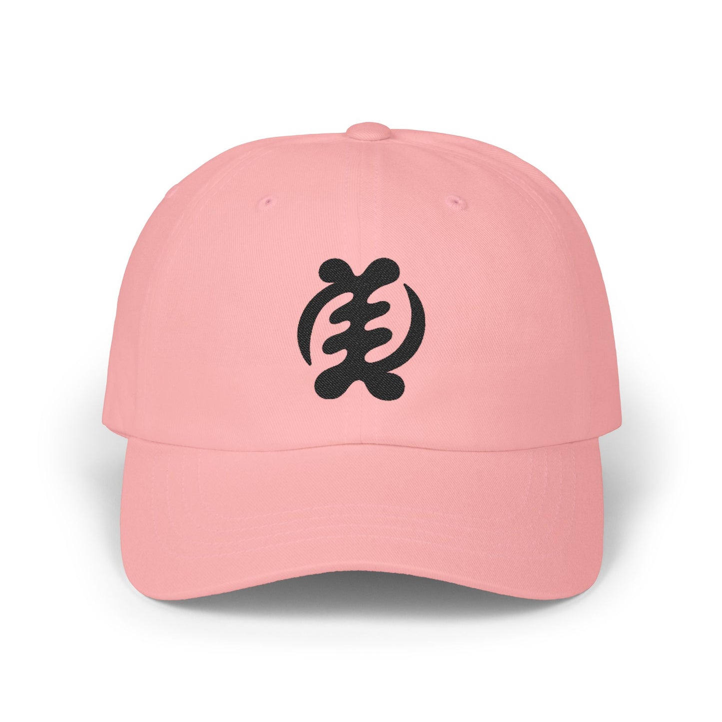 Pink baseball cap with black Sankofa symbol embroidered on front.