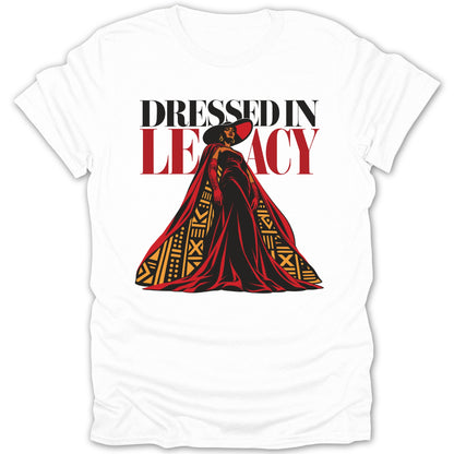 Woman in red dress and cape with "DRESSED IN LEGACY" text