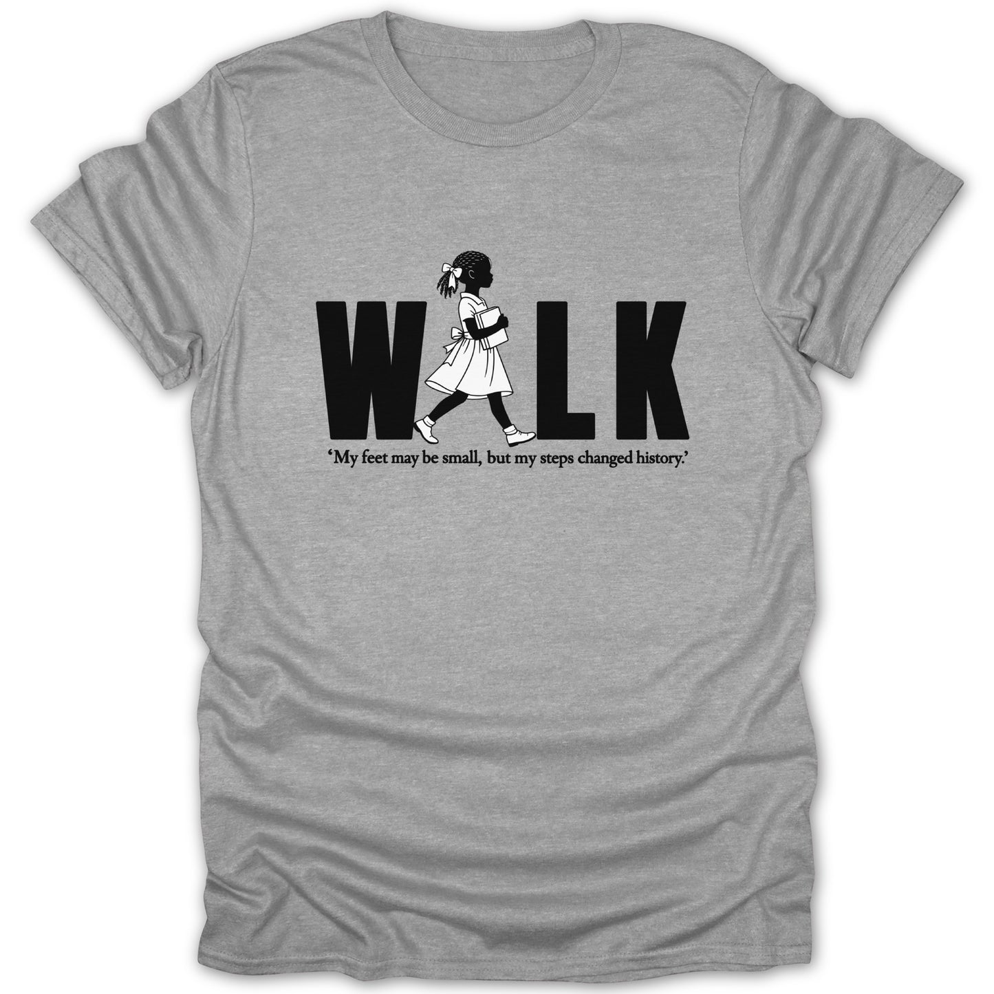 Grey t-shirt with "WALK" and a girl holding a book.