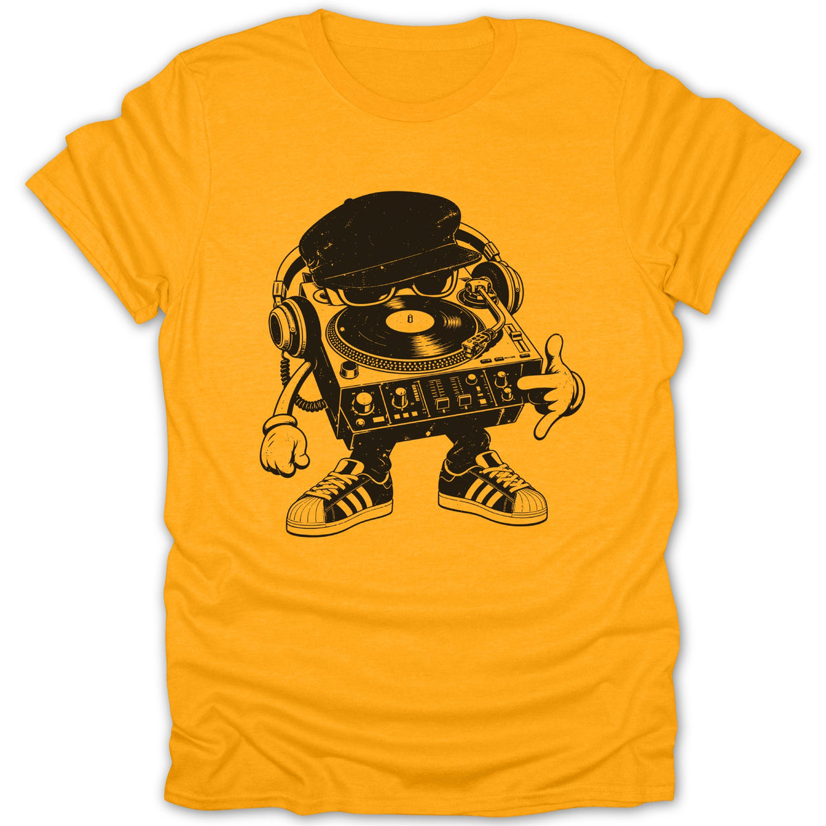Turntable character wearing headphones and a cap, printed on a yellow t-shirt.