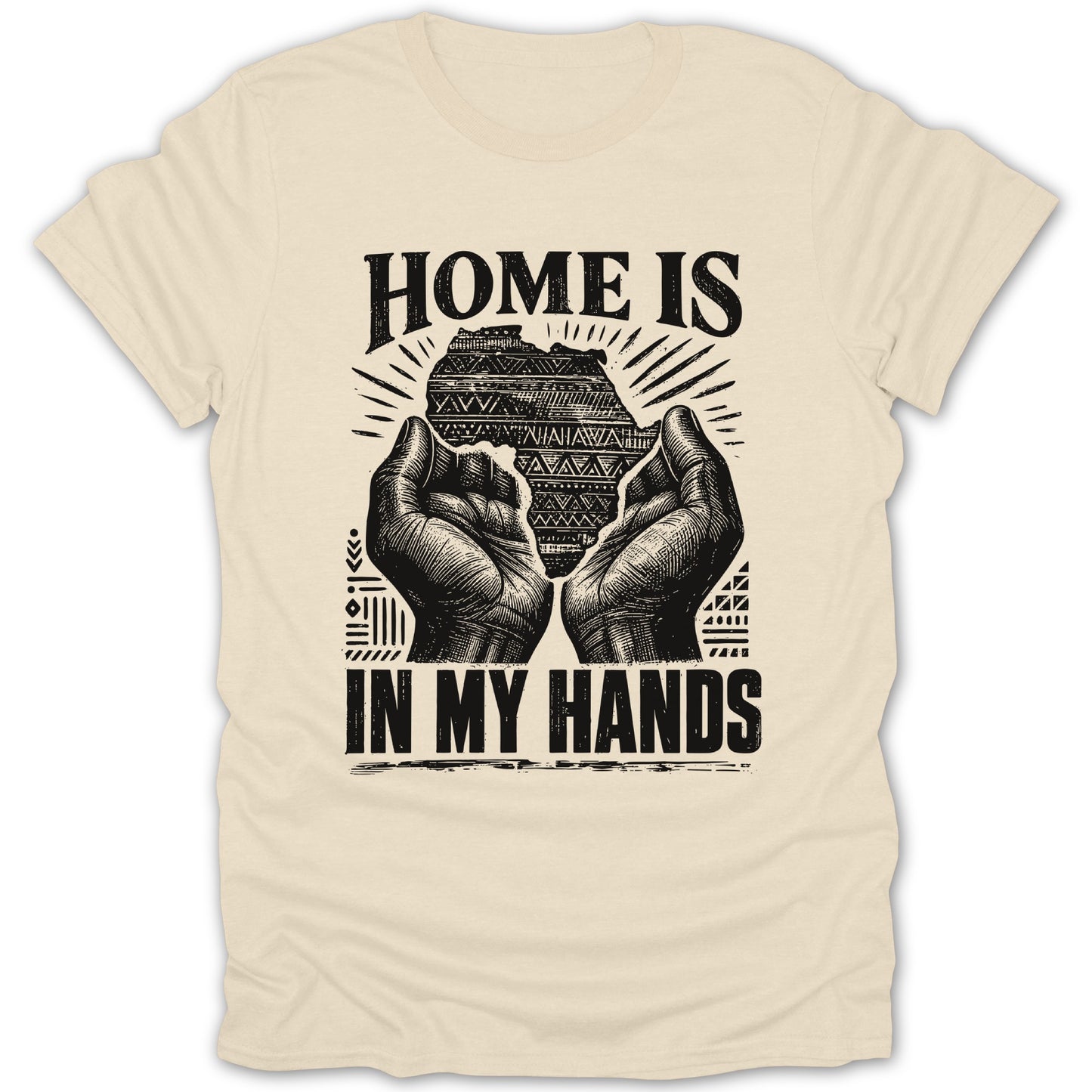 T-shirt with Africa map graphic and text "HOME IS IN MY HANDS".