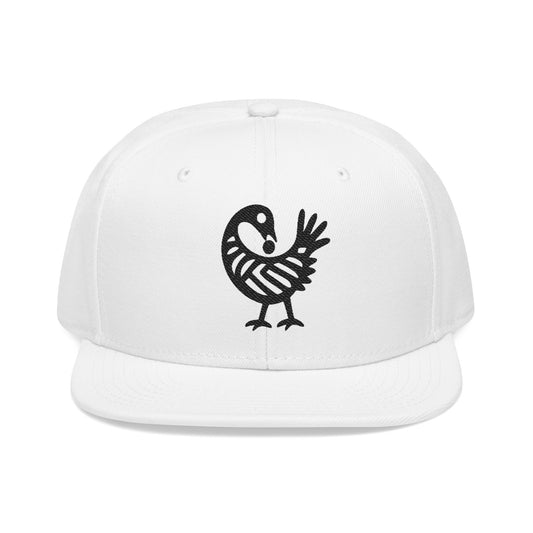 White flat-brimmed cap with black Sankofa bird symbol.