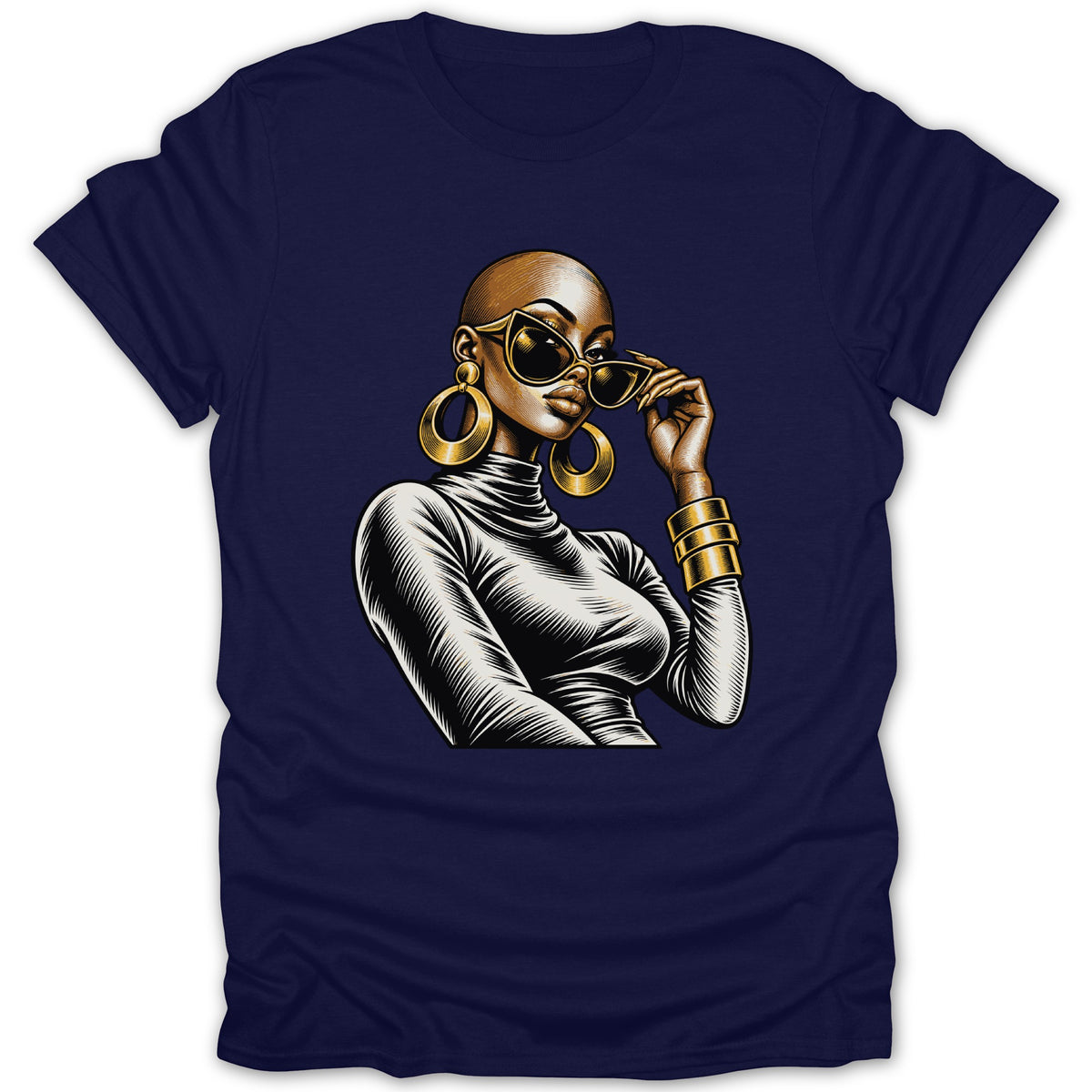 Illustration of a bald woman wearing sunglasses and large hoop earrings.