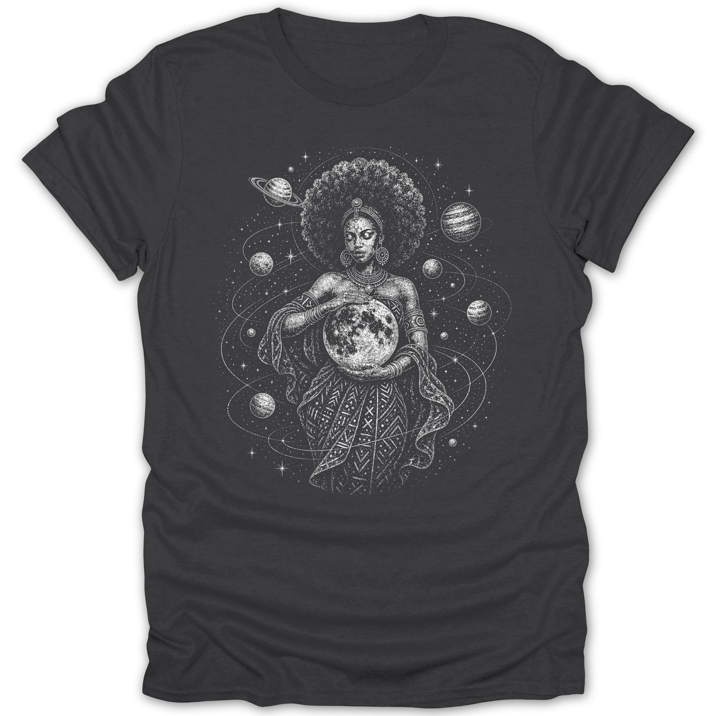 Woman with afro holding moon, surrounded by planets and stars.