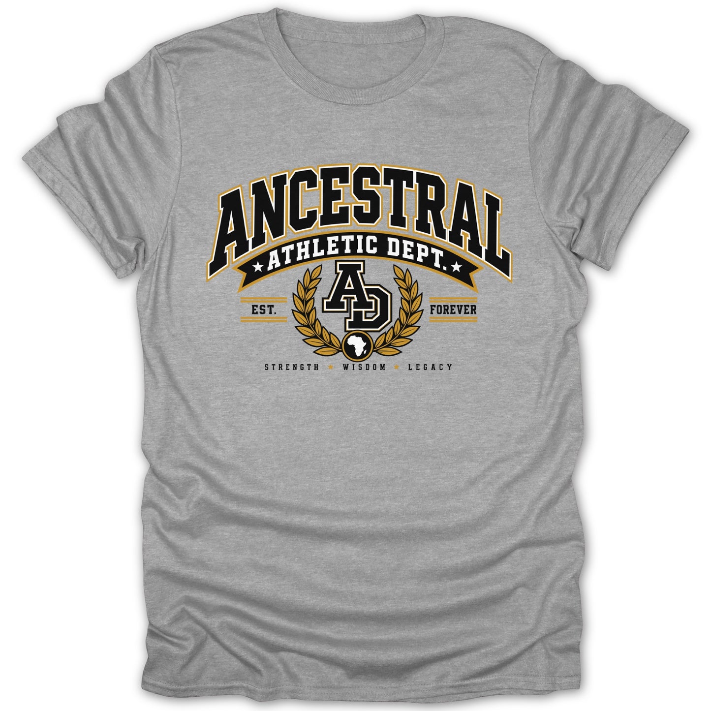Grey t-shirt with "Ancestral Athletic Dept" and "AD" logo with laurel wreath.