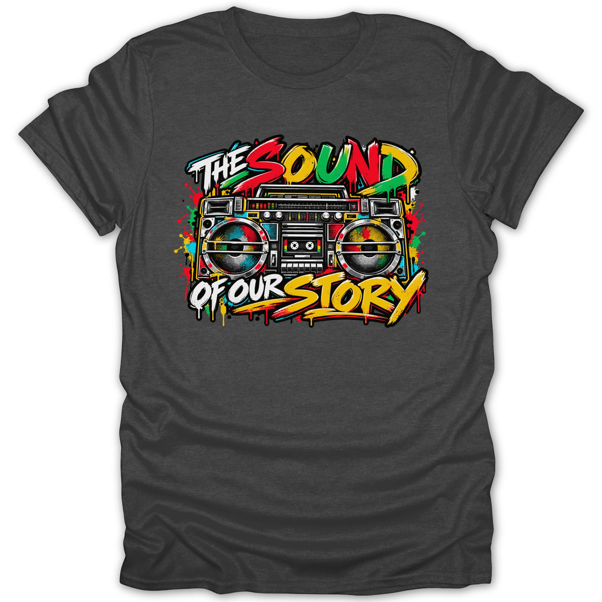 Boombox graphic with text "The Sound Of Our Story" in graffiti style.