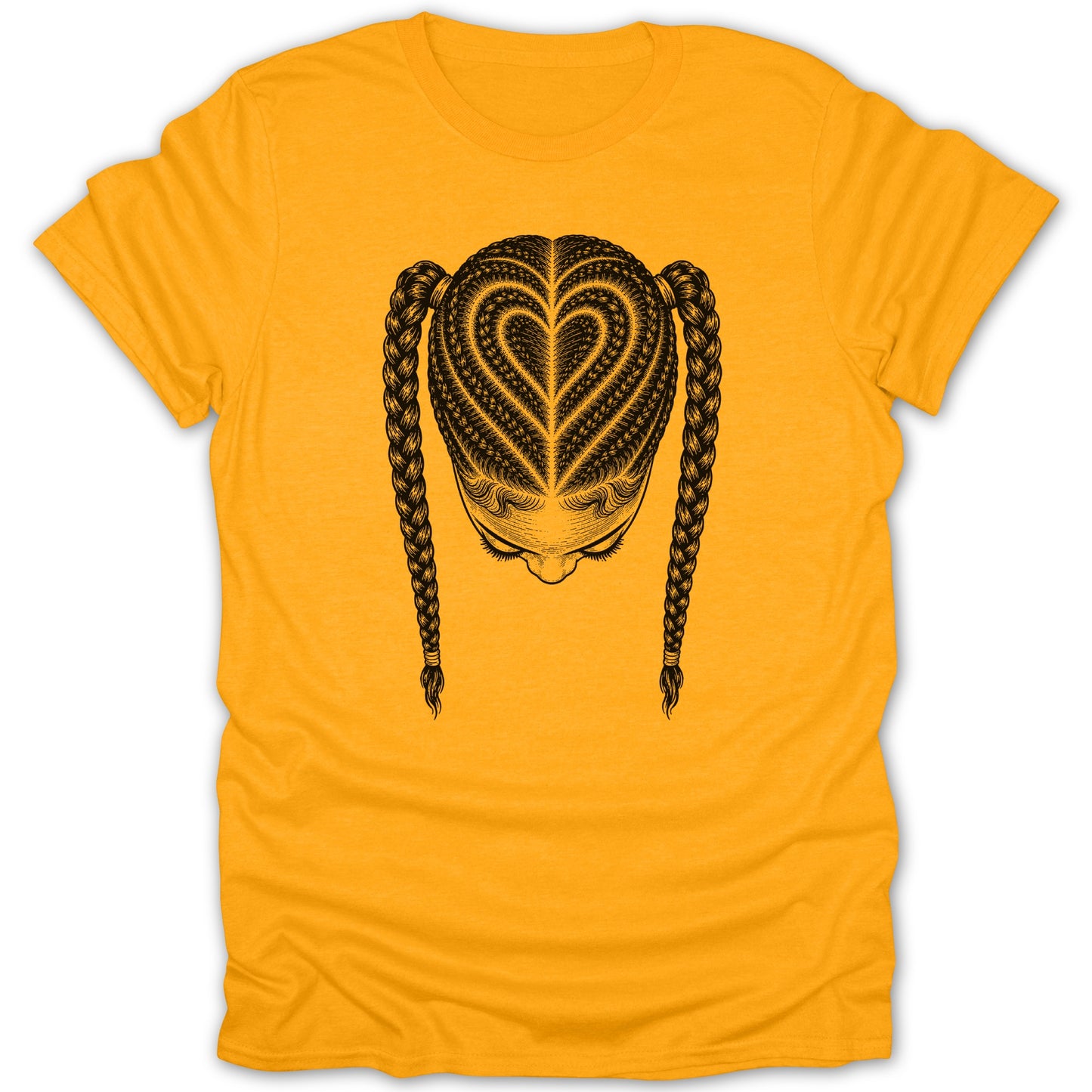 Woman with heart-shaped braids hairstyle on a yellow t-shirt.