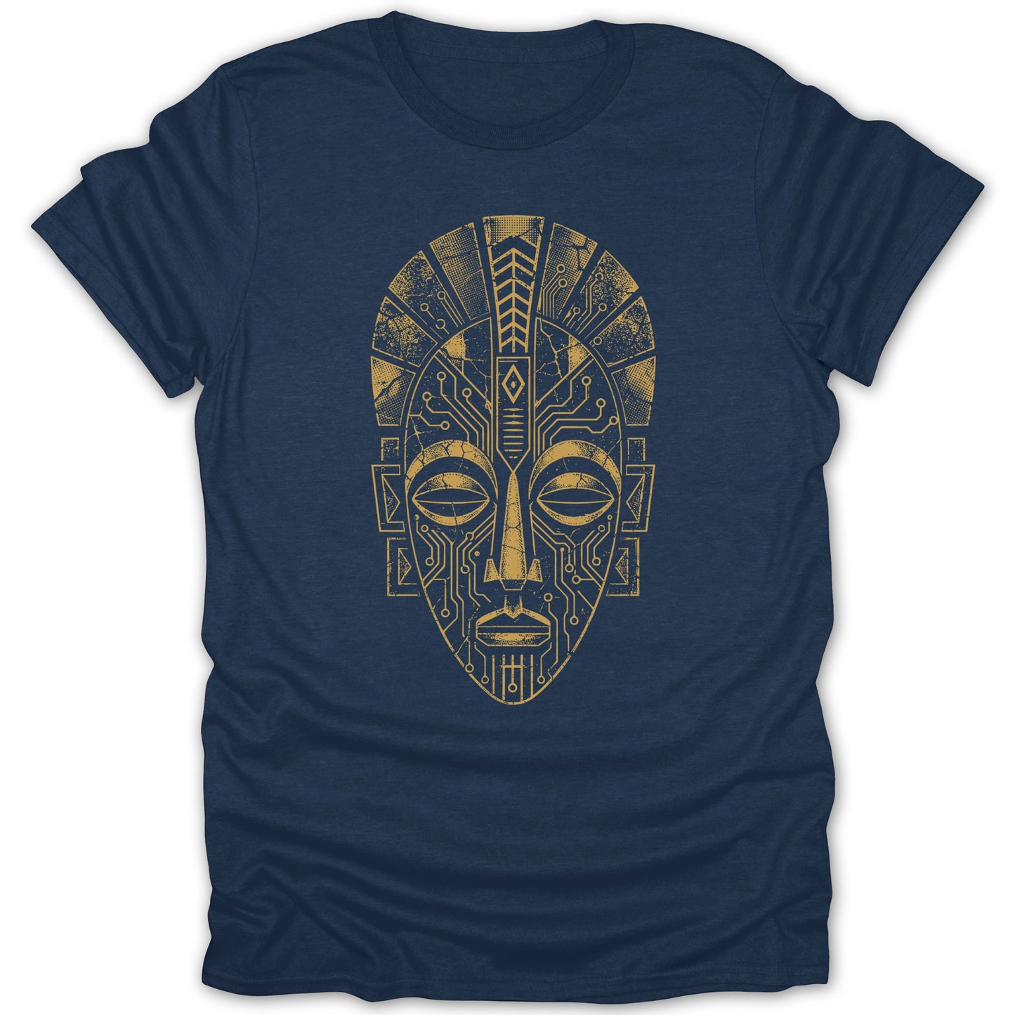 Navy t-shirt with a distressed gold tribal mask made of circuit board lines.