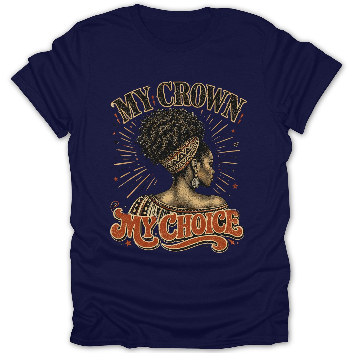 Navy t-shirt with "My Crown My Choice" text and Black woman with afro.