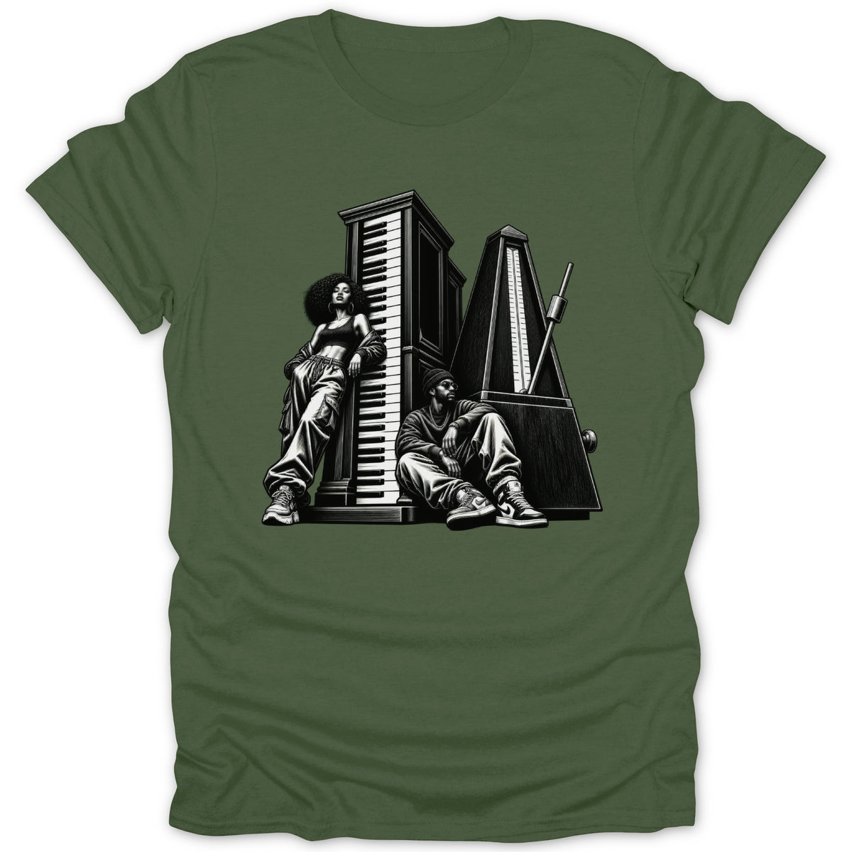 Man and woman in streetwear with piano keys and metronome on green t-shirt.