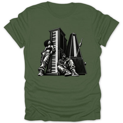 Man and woman in streetwear with piano keys and metronome on green t-shirt.