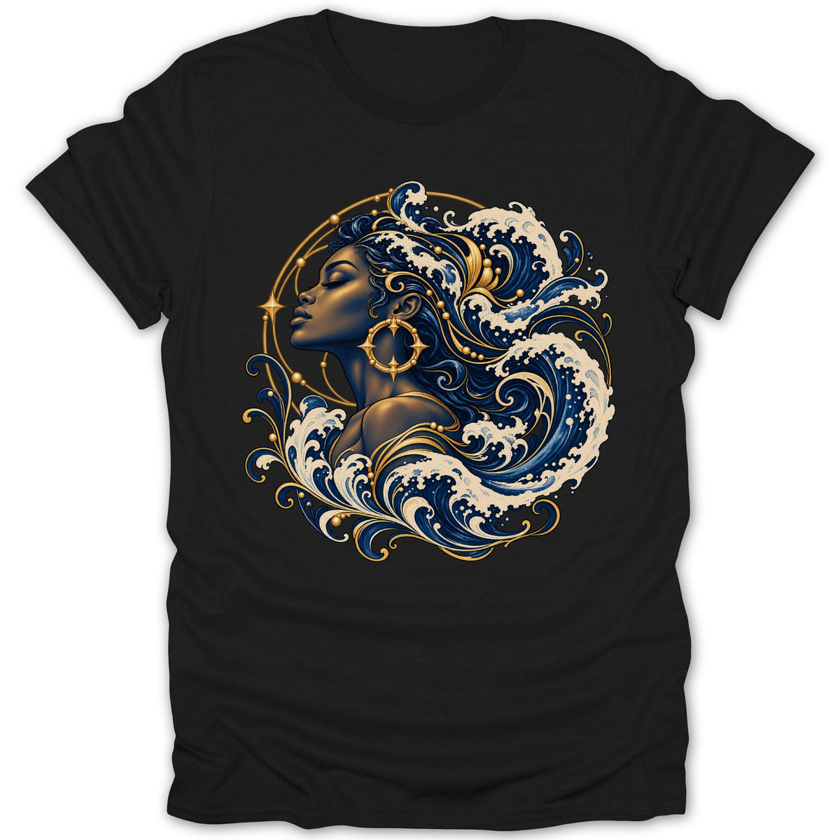 Black t-shirt featuring a woman with dark skin and flowing blue and white wavy hair.