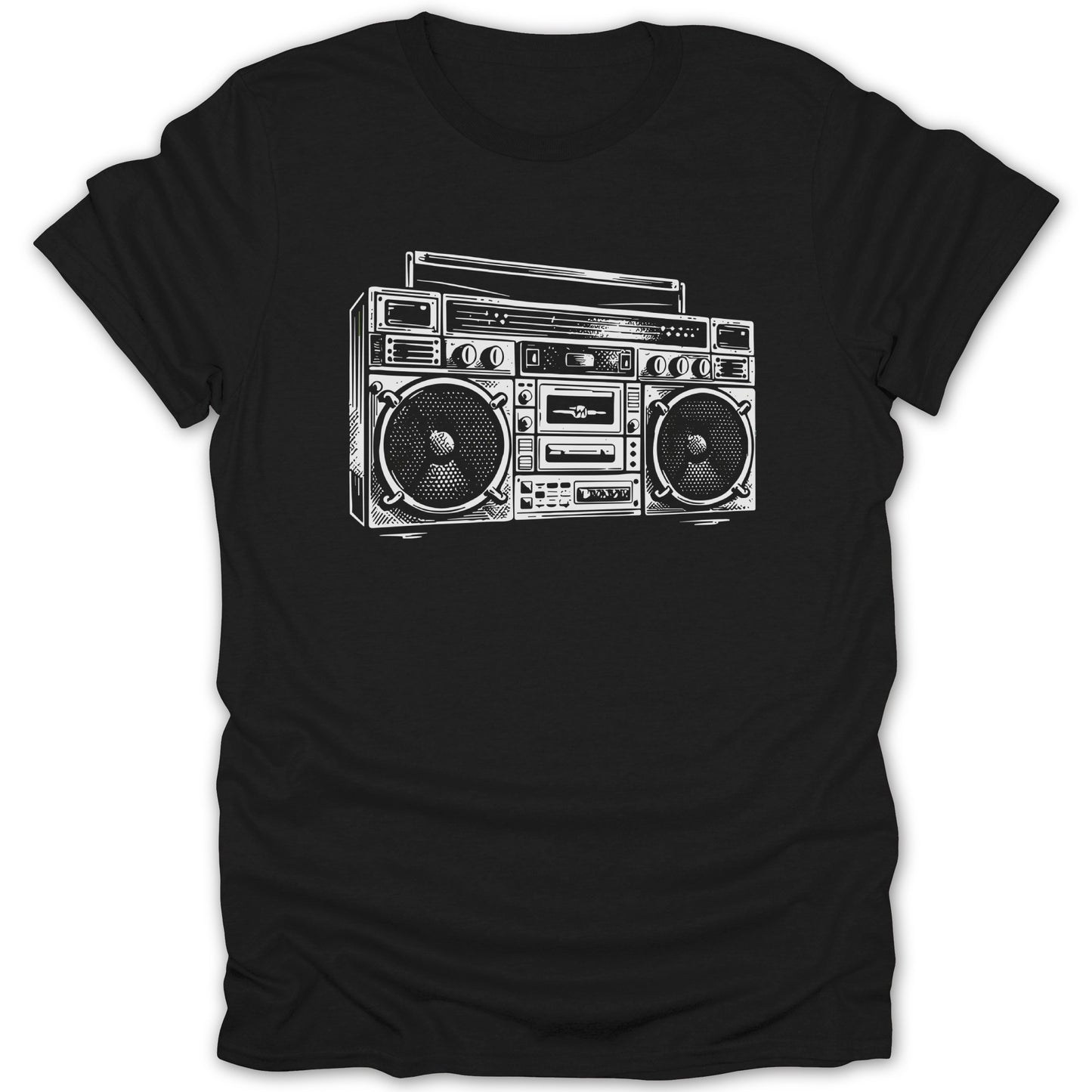 Black t-shirt with a white outline drawing of a vintage boombox.
