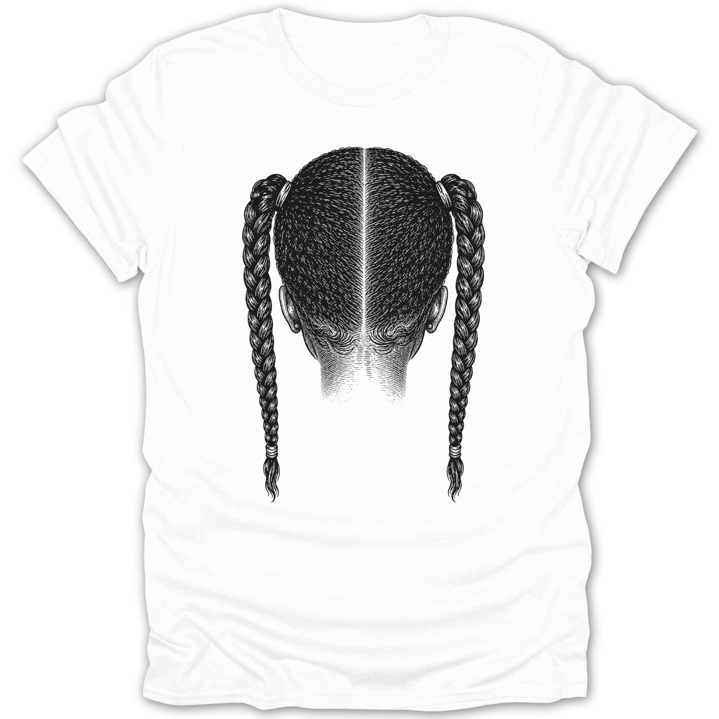 White t-shirt with a detailed black ink drawing of hair in two braids.