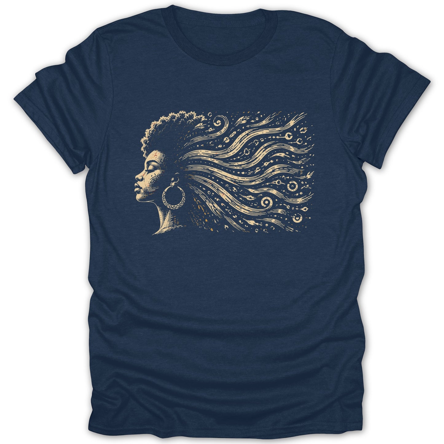 T-shirt with a profile illustration of a Black woman with flowing, patterned hair and hoop earrings.