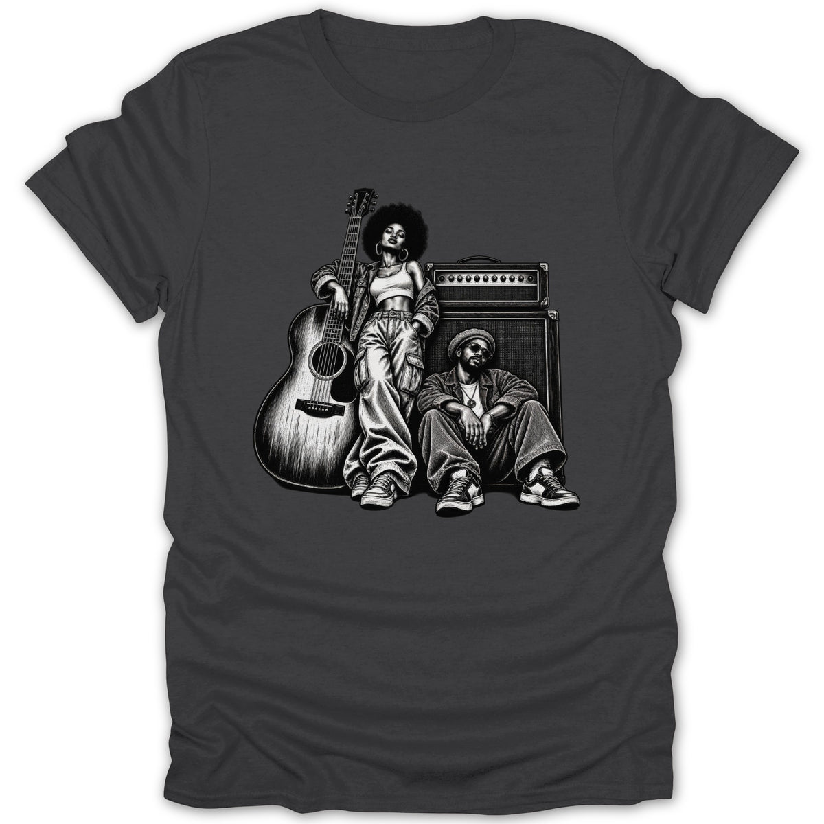 Illustration of a woman with an afro, guitar, and amp, and a man sitting.