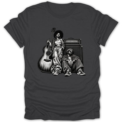 Illustration of a woman with an afro, guitar, and amp, and a man sitting.