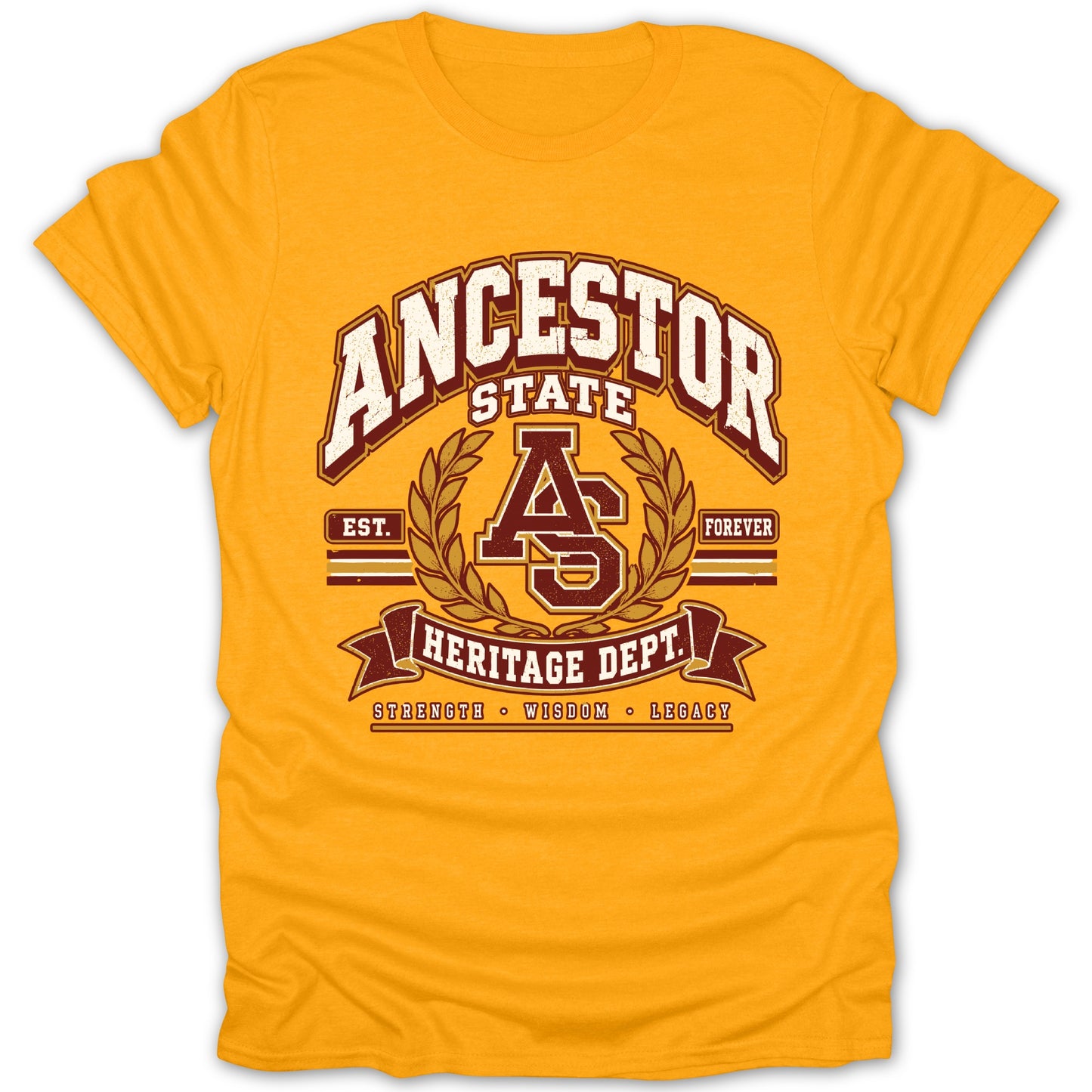 Gold t-shirt with "Ancestor State Heritage Dept." text and laurel wreath design.