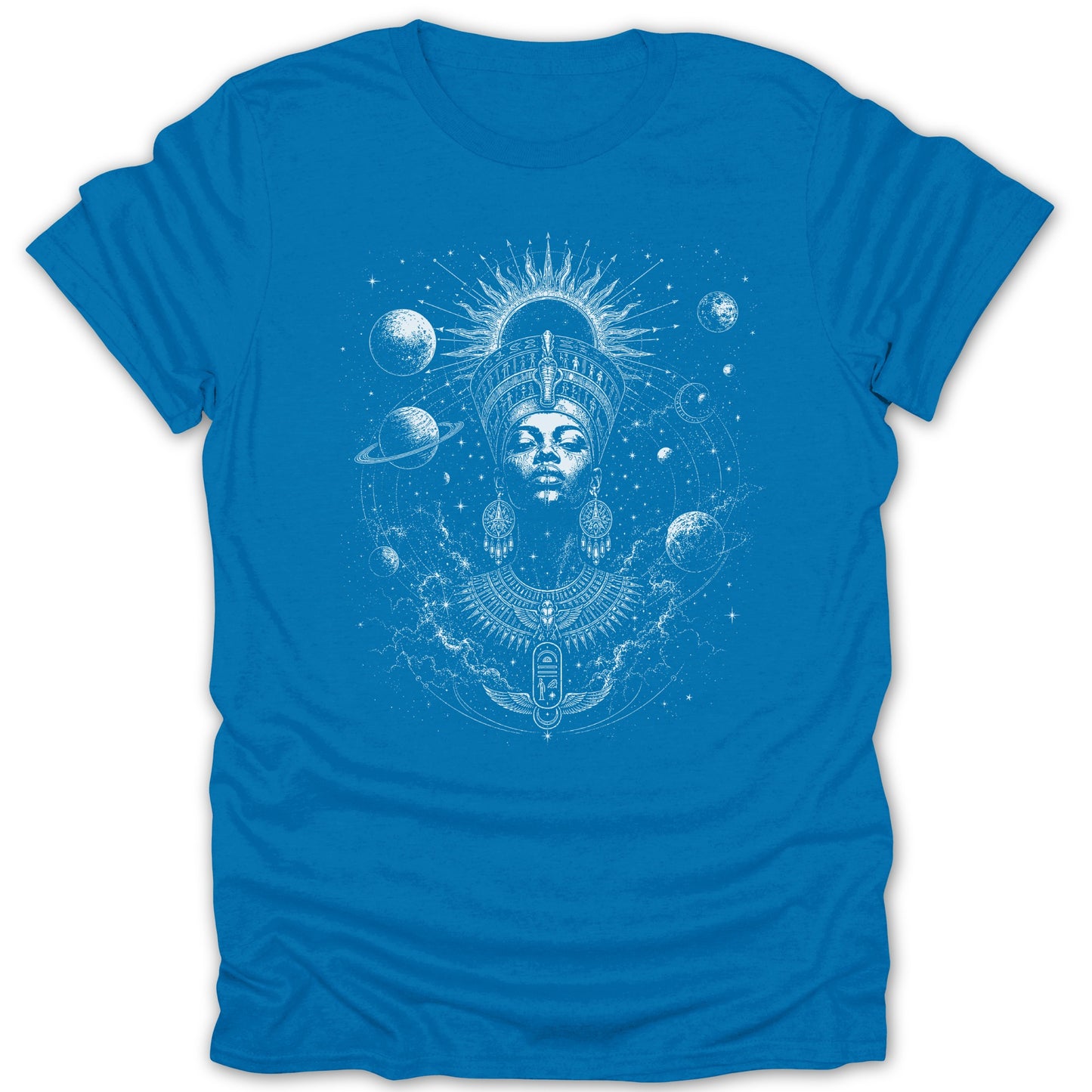 White cosmic Egyptian queen design on a bright blue t-shirt.