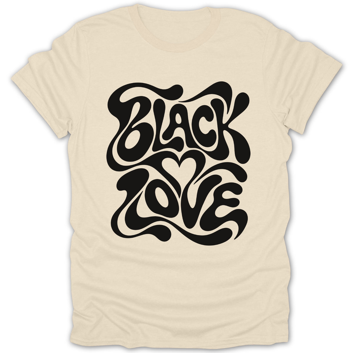 Cream t-shirt with black groovy text that says "BLACK LOVE" with a heart.