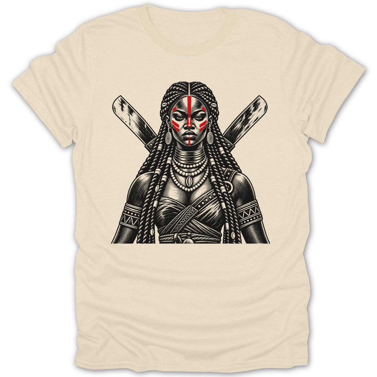 Illustration of a warrior woman with red face paint and crossed swords.