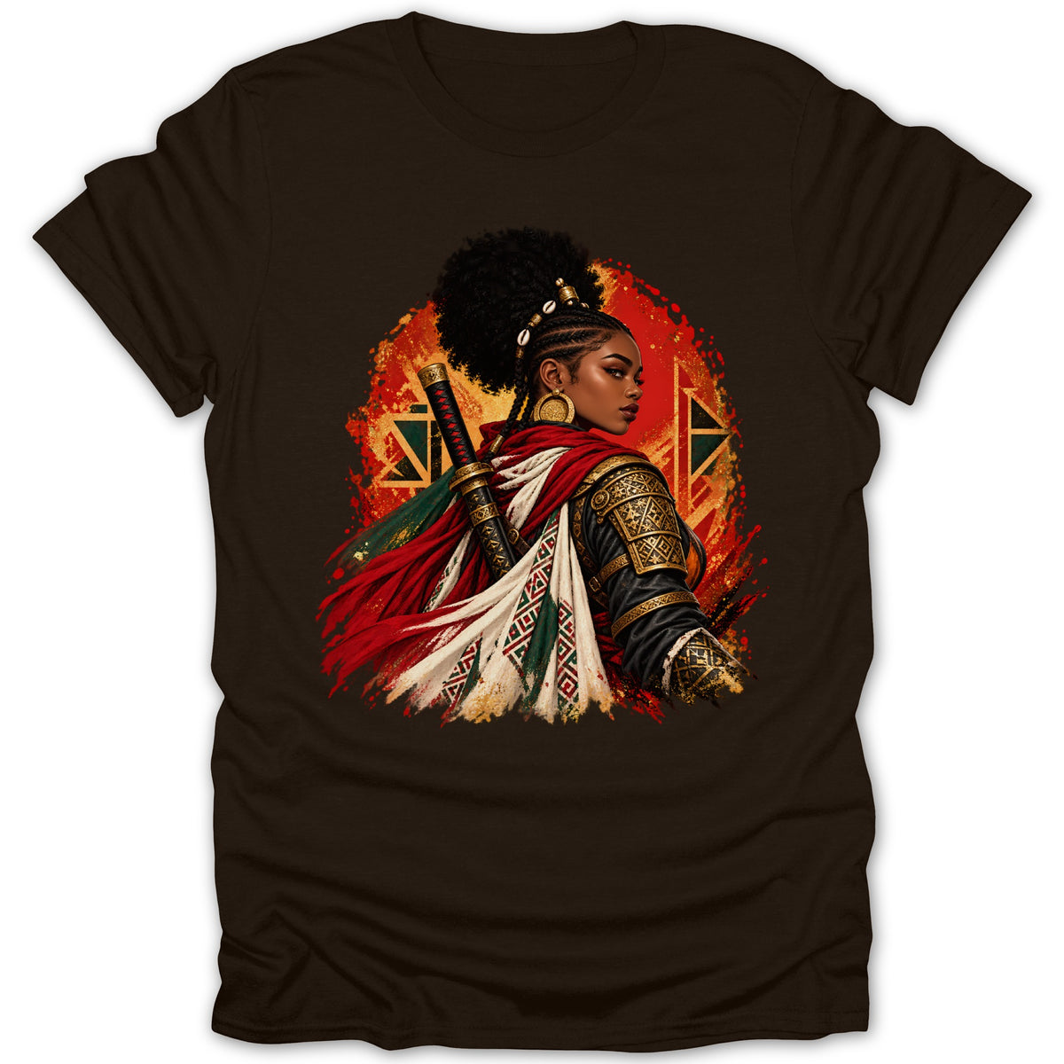 Warrior woman with sword and patterned cape on dark brown t-shirt.