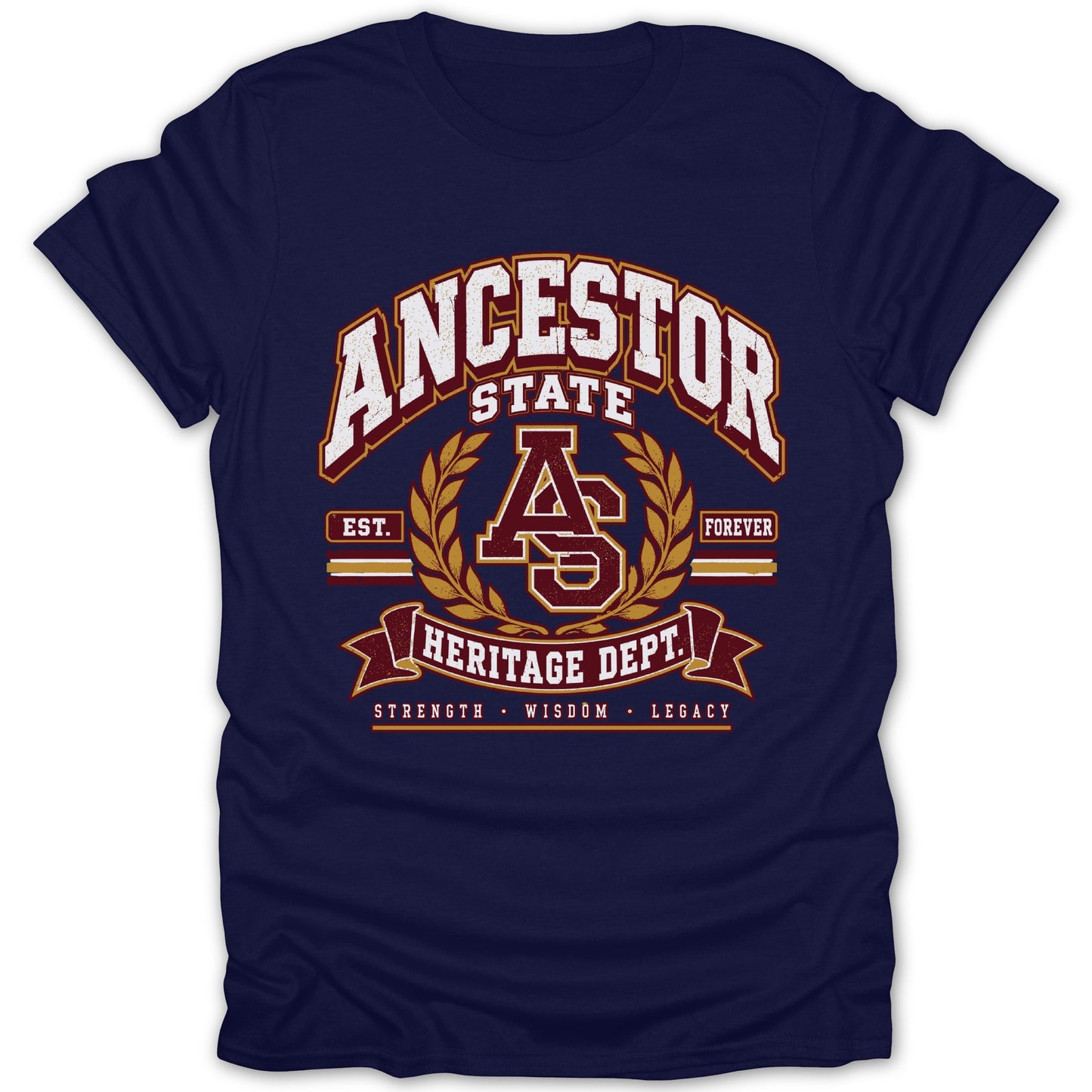 Navy t-shirt with Ancestor State Heritage Dept. graphic and laurel wreath.