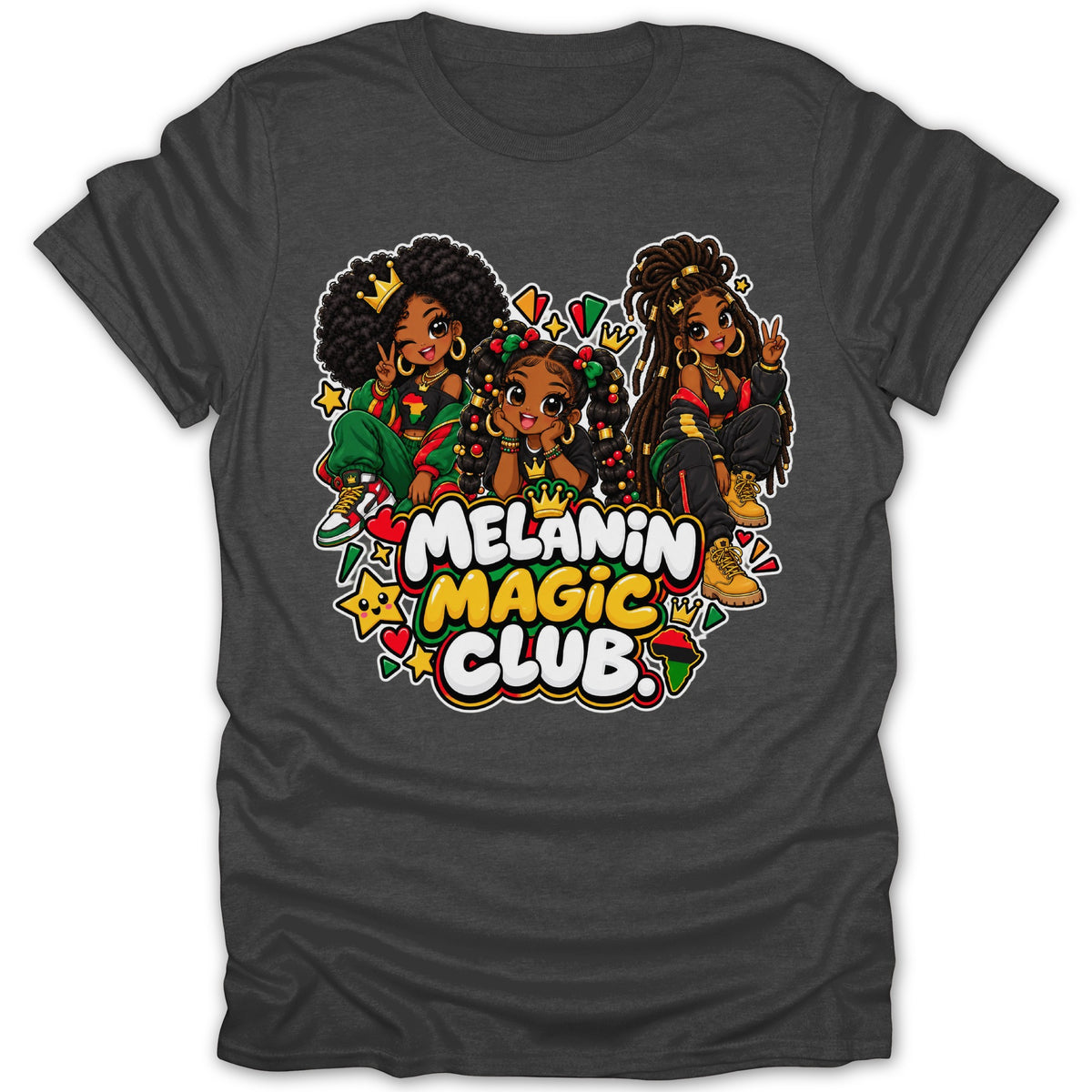 Three Black girls with crowns and vibrant outfits, above text "Melanin Magic Club."