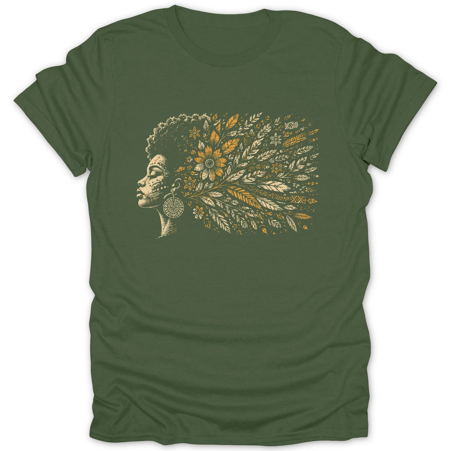 Green t-shirt with profile of woman with floral and leaf hair design.