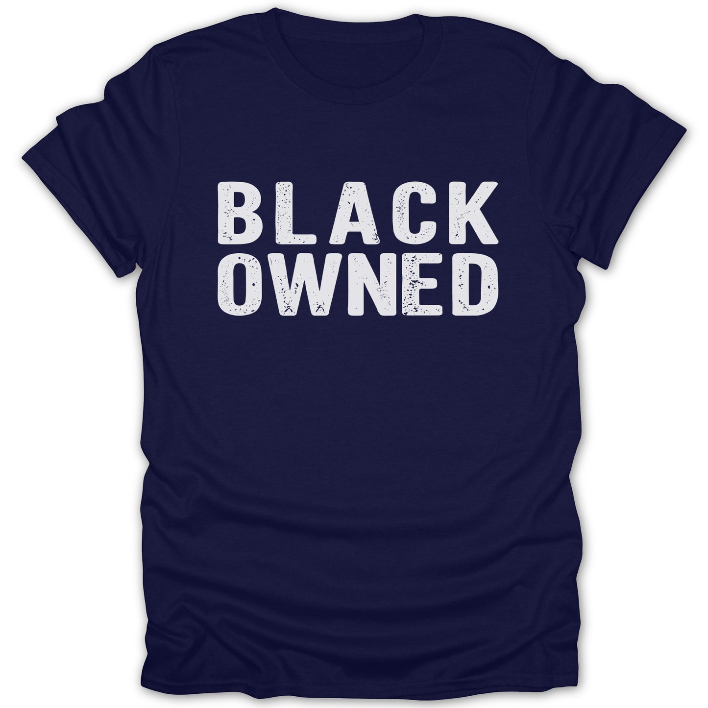 Navy t-shirt with white distressed text reading "BLACK OWNED".