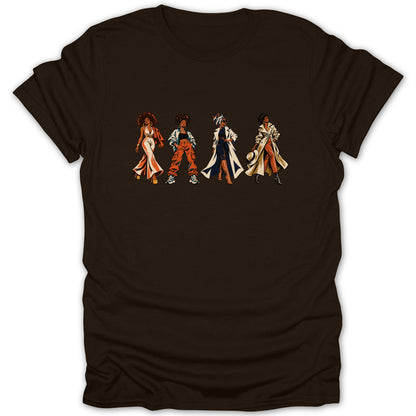 Four women in stylish outfits stand in a line across a dark brown t-shirt.