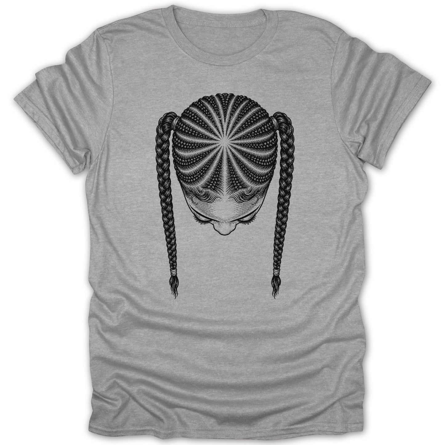 T-shirt with black and white illustration of a woman's head with braided hair.