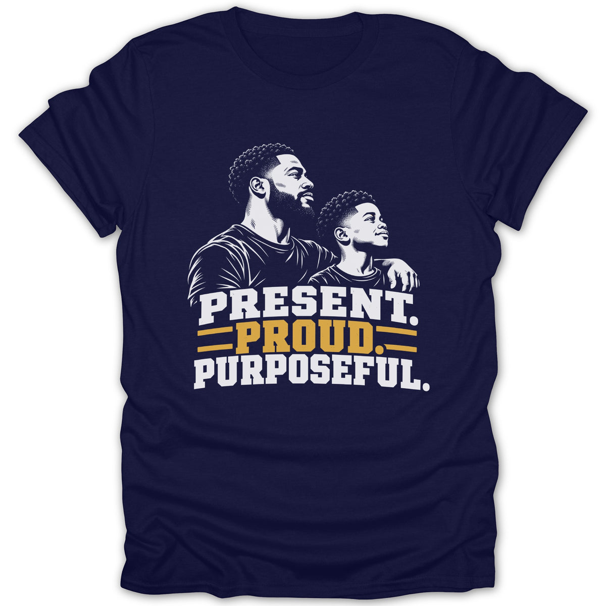 Navy t-shirt with illustration of a father and son and text PRESENT. PROUD. PURPOSEFUL.