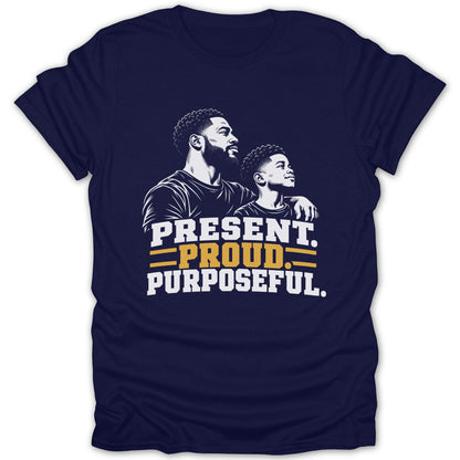 Navy t-shirt with illustration of a father and son and text PRESENT. PROUD. PURPOSEFUL.